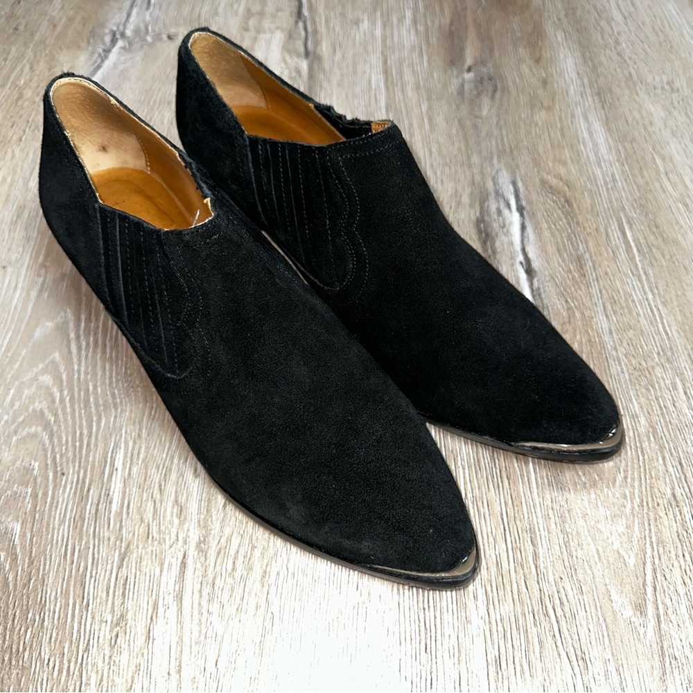 JOIE Women’s Baler Calf Suede Black Pointy Toe Heel Bootie Western Bohemian 38.5